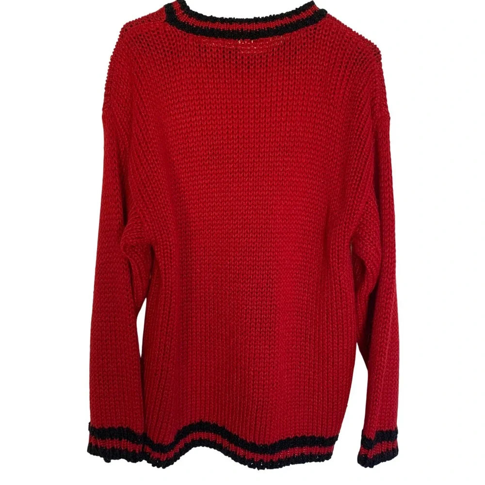 Vintage 1980s Teddy Bear Knit Sweater Hand Knit Red Black Novelty Pullover XL 18 - Picture 10 of 16